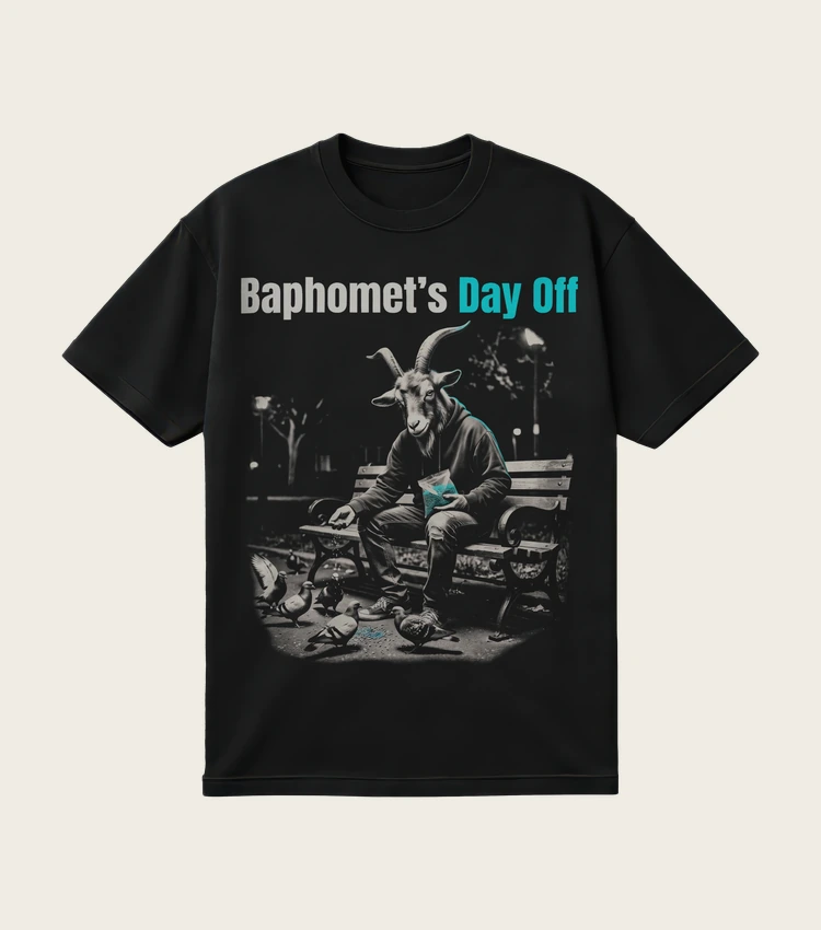 Baphomet's Day Off printed on a black t-shirt, laid flat