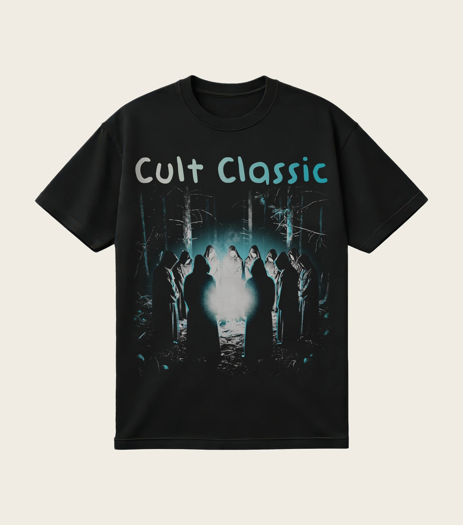 Cult Classic printed on a black t-shirt, laid flat
