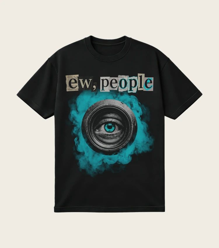 Ew, People printed on a black t-shirt, laid flat