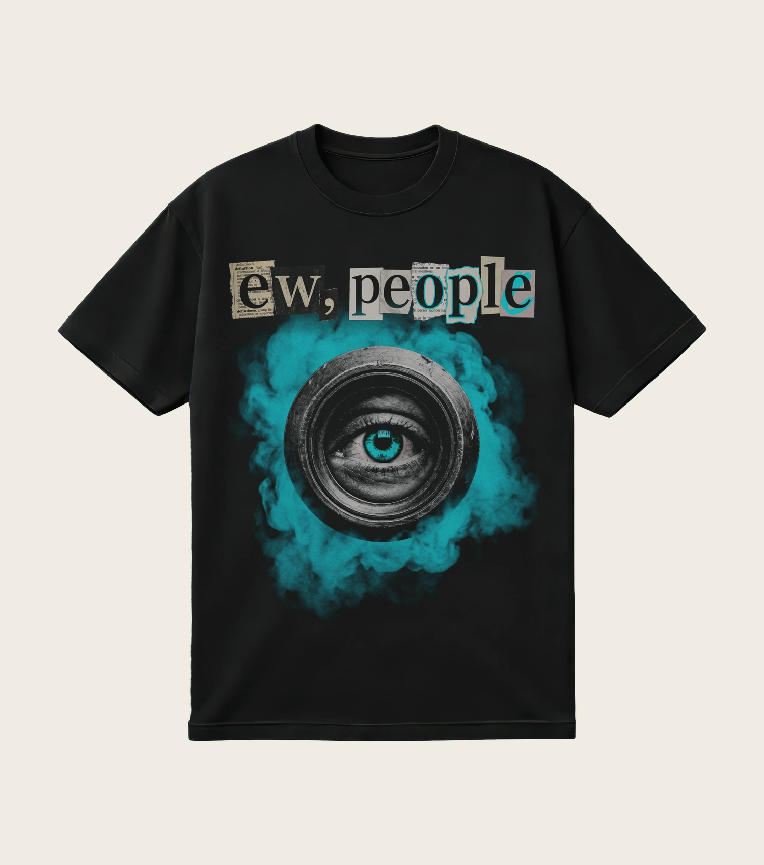 Ew, People printed on a black t-shirt, laid flat