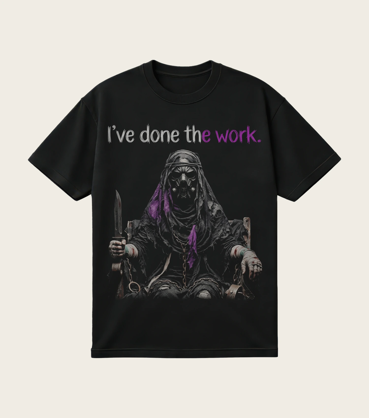 I've Done the Work printed on a black t-shirt, laid flat