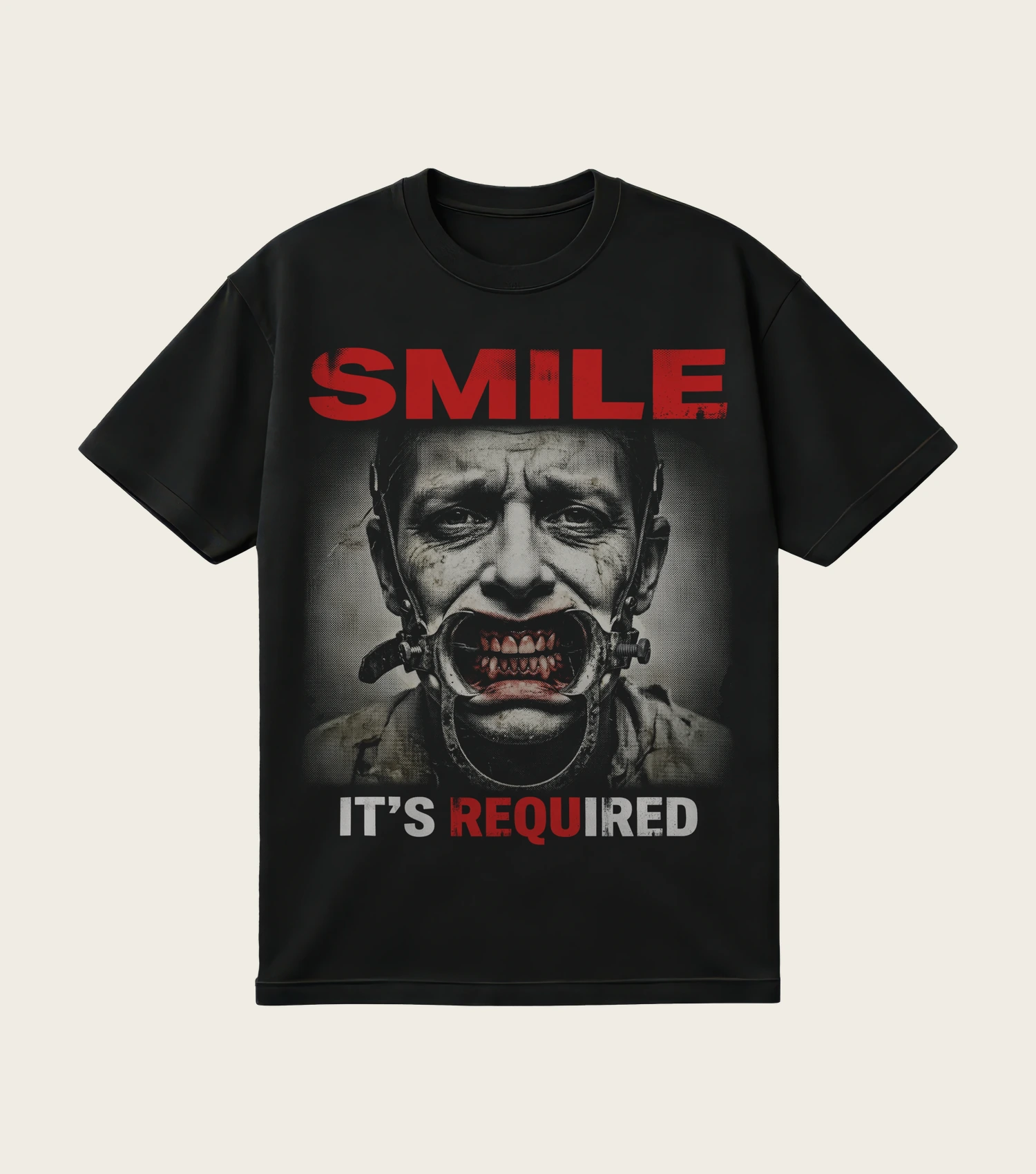 Smile. It's Required. printed on a black t-shirt, laid flat