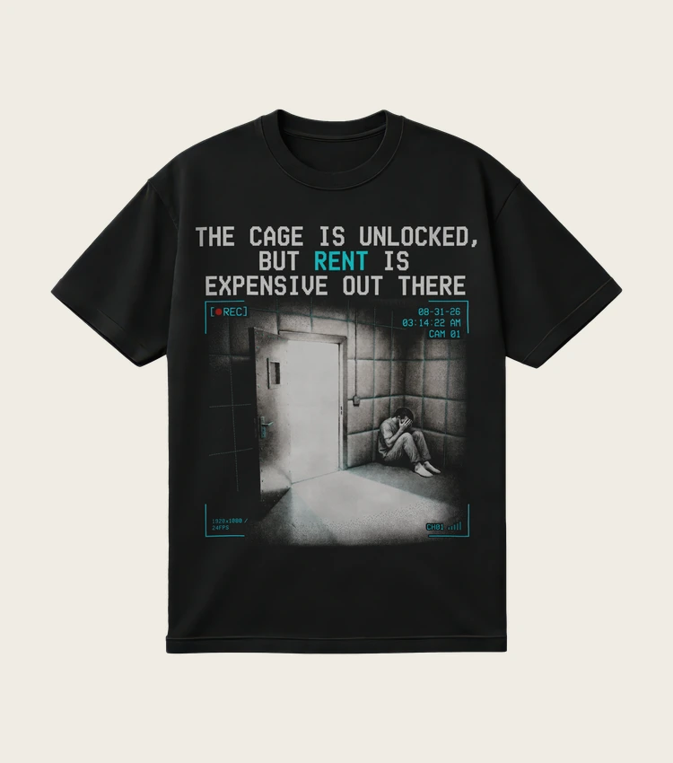 The Cage is Unlocked, But… printed on a black t-shirt, laid flat