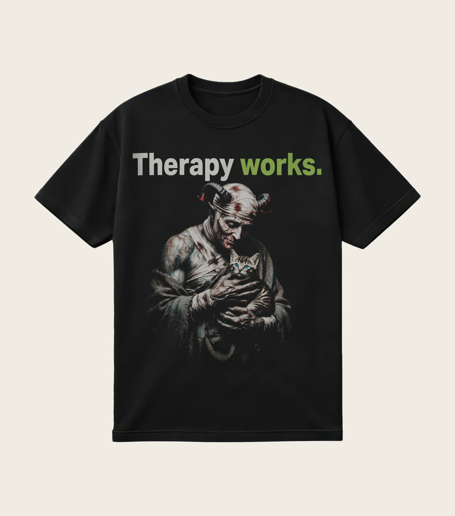 Therapy Works. printed on a black t-shirt, laid flat