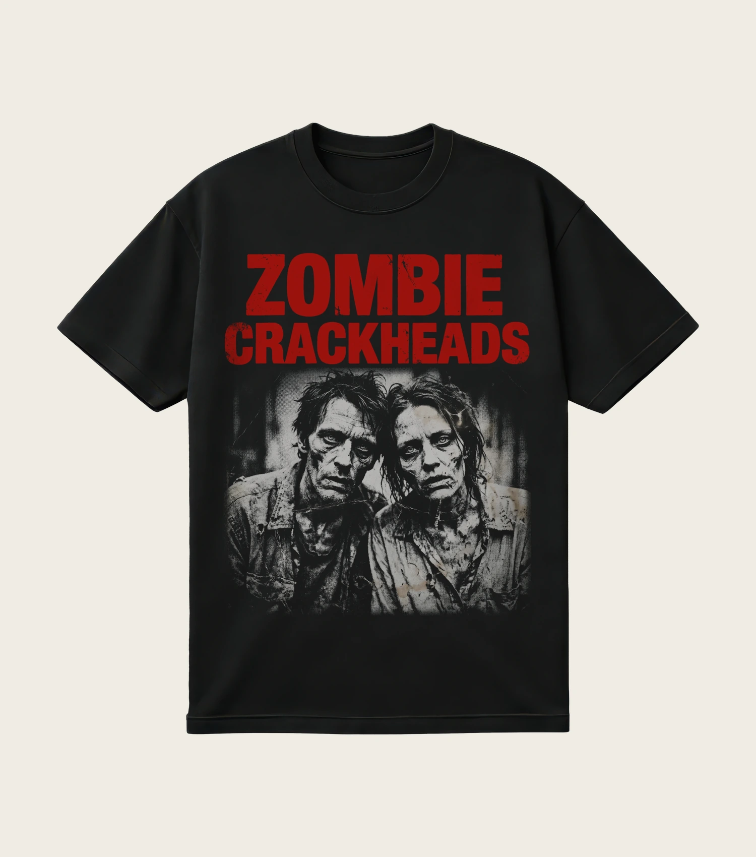 Zombie Crackheads printed on a black t-shirt, laid flat